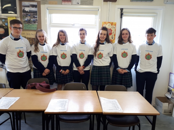 TY1 students wearing their T-shirts raising awareness of global warming and climate change